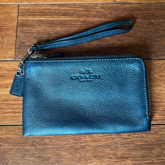 Coach Double Corner Zip Wristlet 6649 - Metallic Blue - Picture 1 of 8